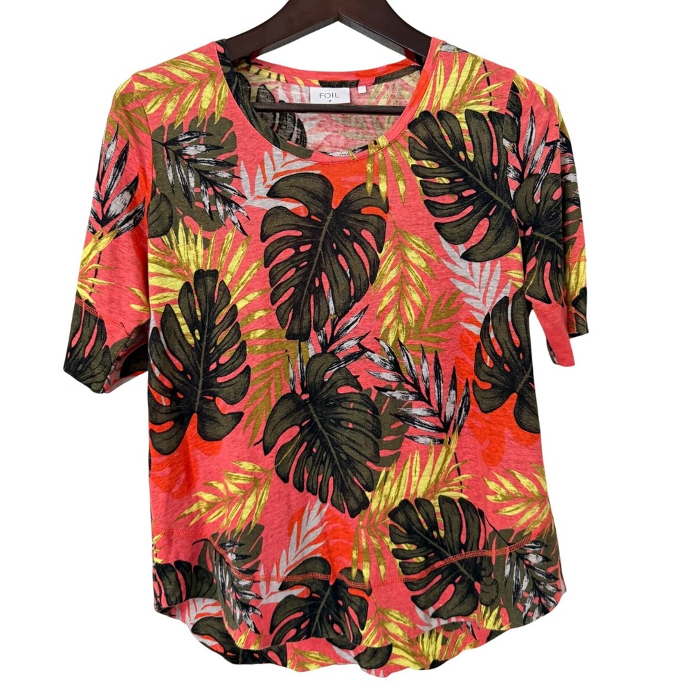 Foil‎ Womens Medium 100% Linen Tropical Monstera Palm Leaf Tee Pink Orange Green